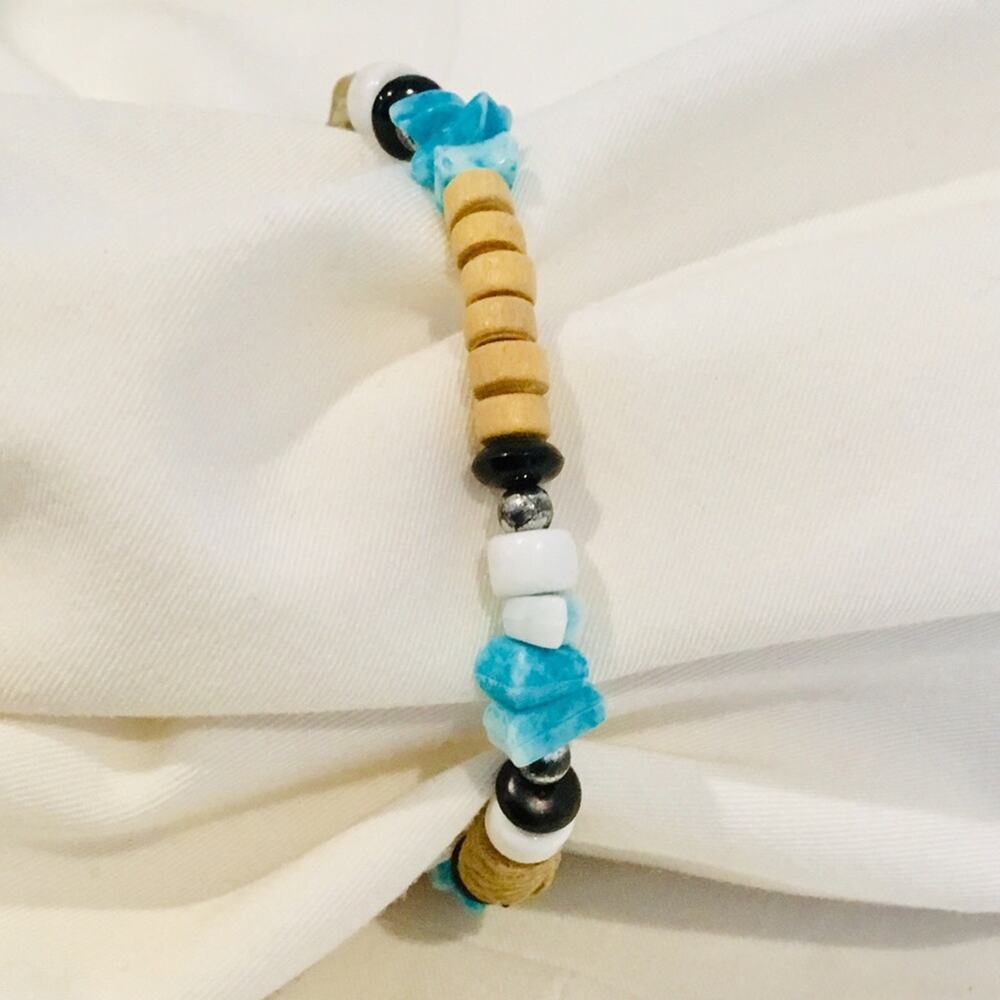 Bracelet turquoise wood twine beaded elastic fit
